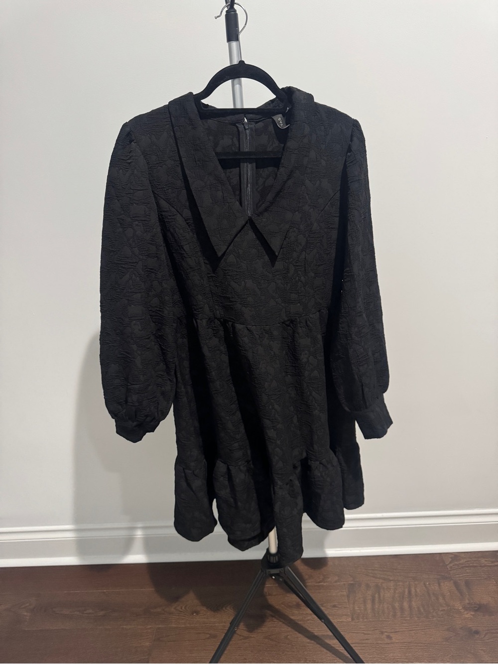 Textured Black Collared Mini Dress